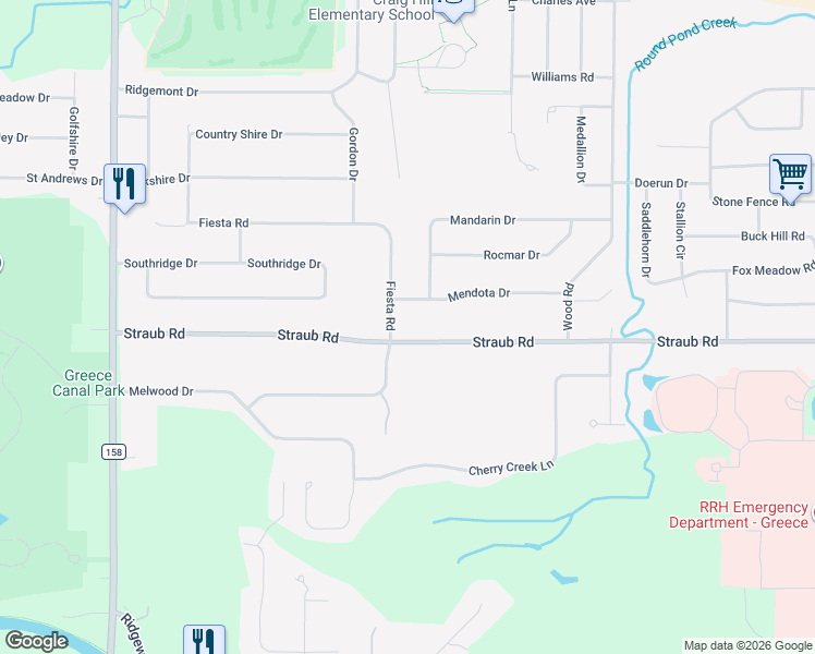 map of restaurants, bars, coffee shops, grocery stores, and more near 42 Fiesta Road in Rochester