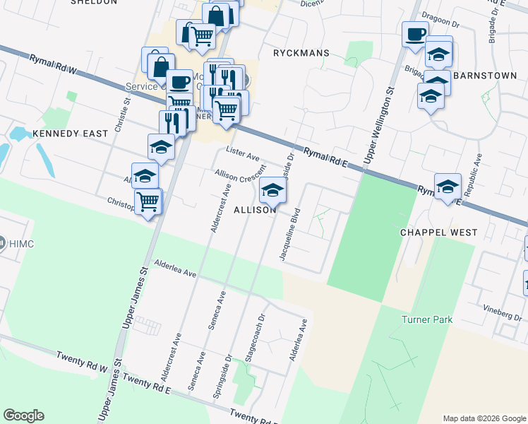 map of restaurants, bars, coffee shops, grocery stores, and more near 20 Felicia Court in Hamilton