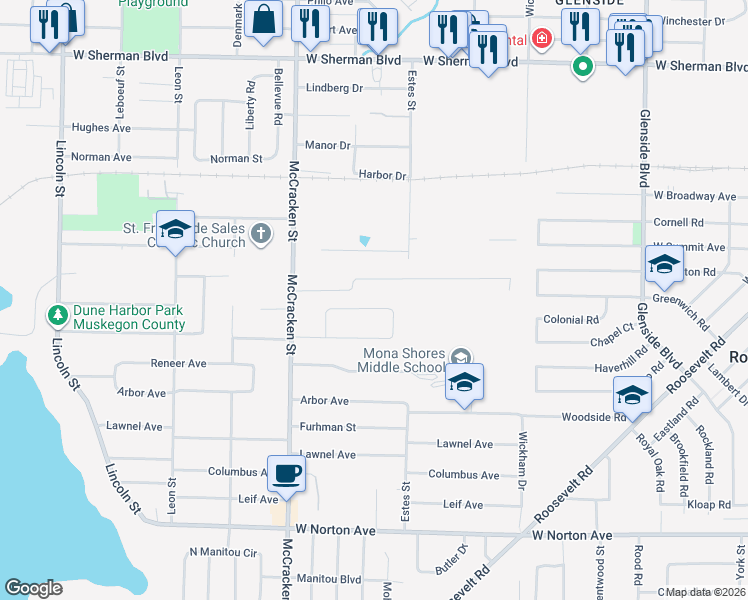 map of restaurants, bars, coffee shops, grocery stores, and more near 1885 Bonneville Drive in Norton Shores