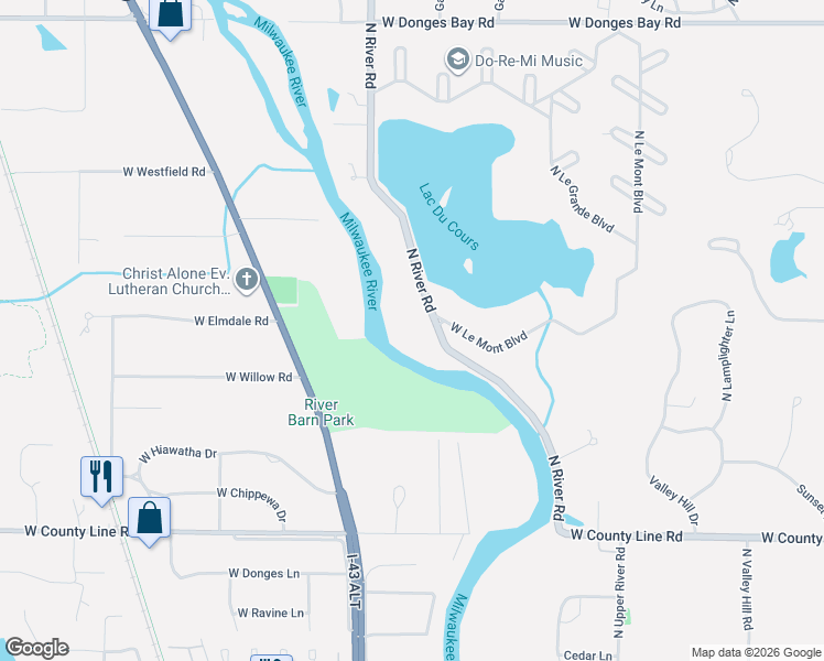 map of restaurants, bars, coffee shops, grocery stores, and more near 9941 North River Road in Mequon
