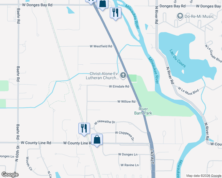map of restaurants, bars, coffee shops, grocery stores, and more near 4821 West Elmdale Road in Mequon