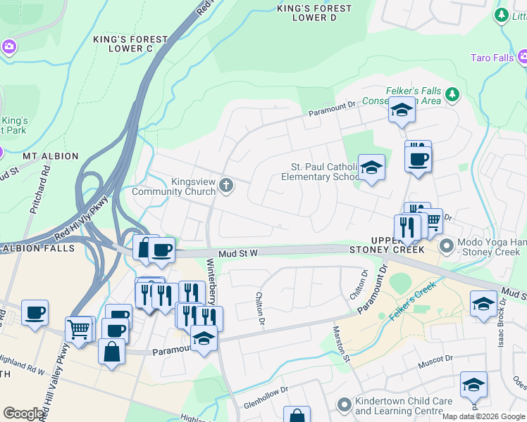 map of restaurants, bars, coffee shops, grocery stores, and more near 178 Athenia Drive in Hamilton