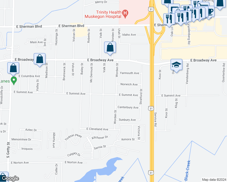map of restaurants, bars, coffee shops, grocery stores, and more near 2973 Worden Street in Norton Shores
