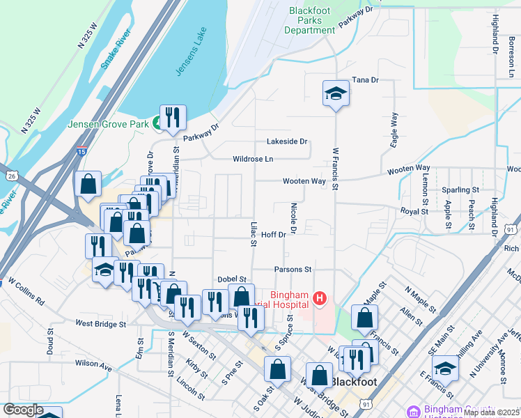 map of restaurants, bars, coffee shops, grocery stores, and more near 723-899 Pearl Drive in Blackfoot