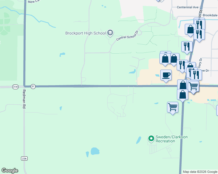 map of restaurants, bars, coffee shops, grocery stores, and more near 6745 4th Section Road in Brockport