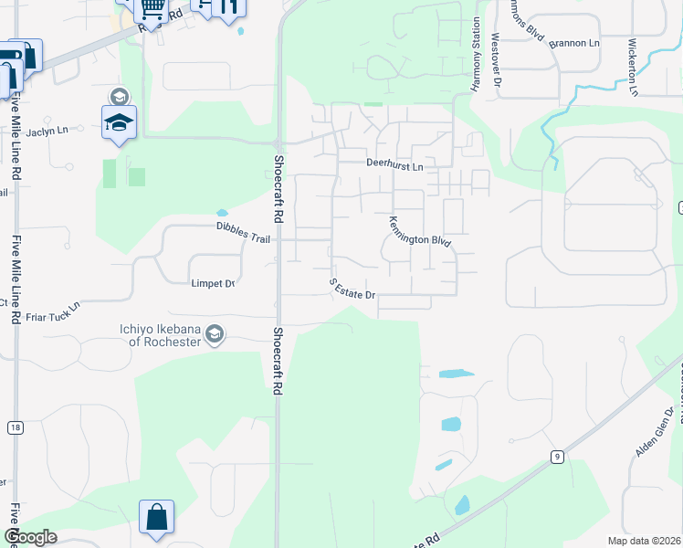 map of restaurants, bars, coffee shops, grocery stores, and more near 62 South Estate Drive in Webster