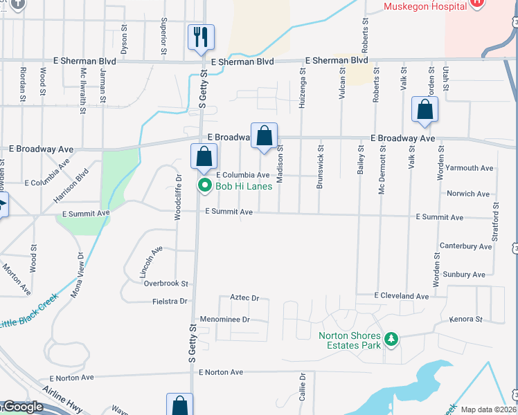 map of restaurants, bars, coffee shops, grocery stores, and more near 2975 Valley Street in Norton Shores