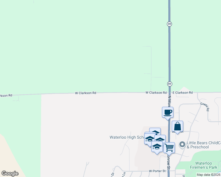 map of restaurants, bars, coffee shops, grocery stores, and more near W12242 Clarkson Road in Waterloo