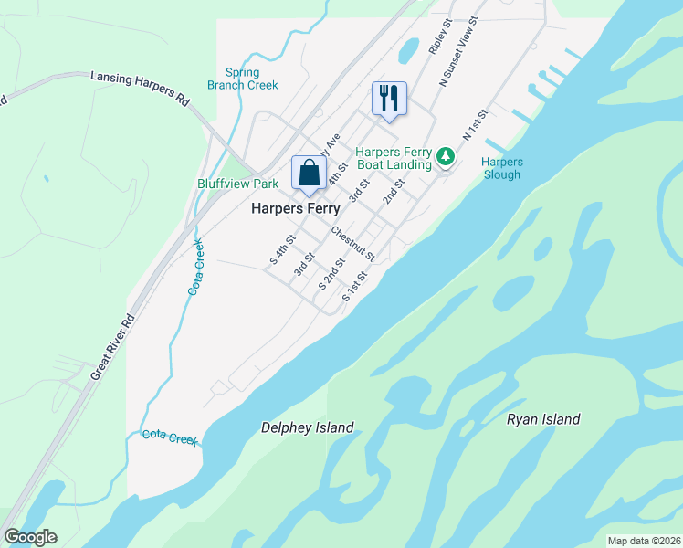map of restaurants, bars, coffee shops, grocery stores, and more near 2nd St in Harpers Ferry