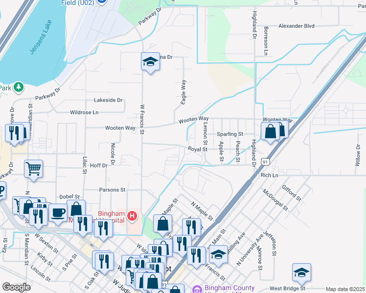 map of restaurants, bars, coffee shops, grocery stores, and more near 569 Royal Street in Blackfoot