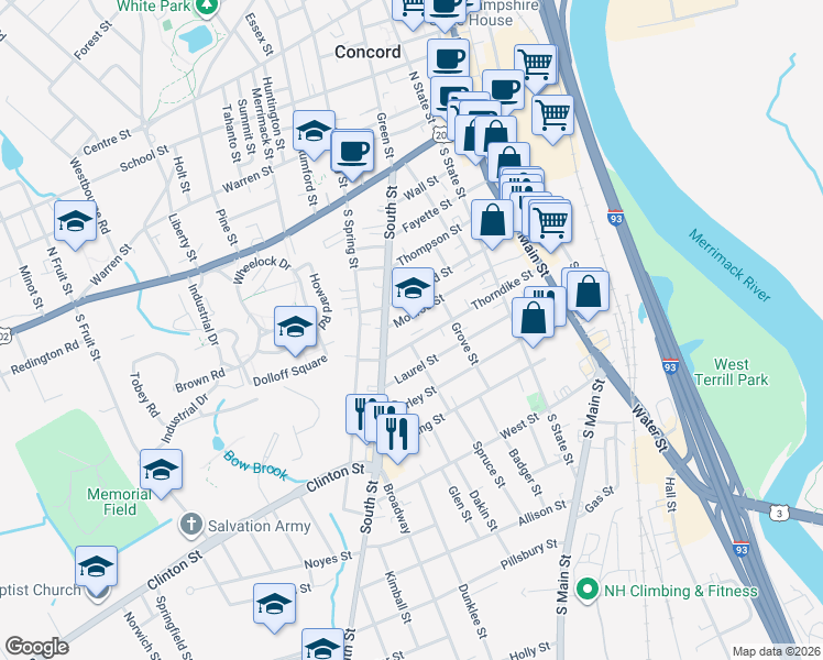 map of restaurants, bars, coffee shops, grocery stores, and more near 40 Thorndike Street in Concord