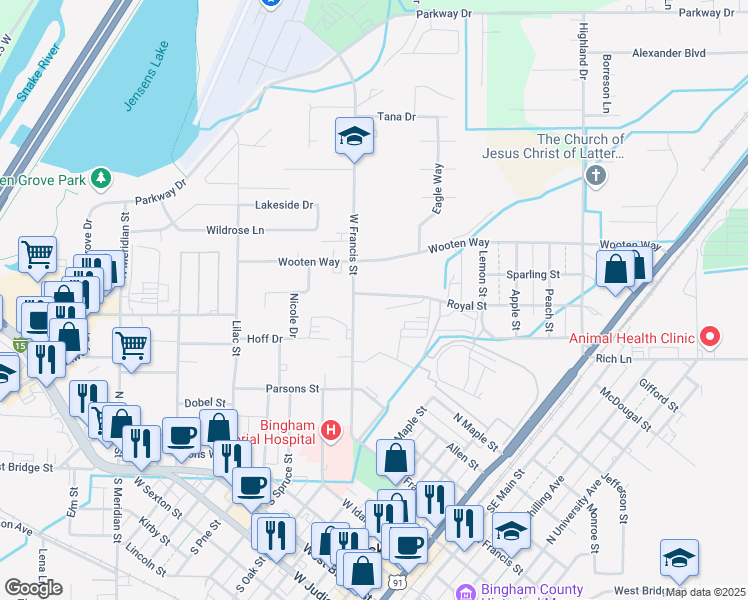 map of restaurants, bars, coffee shops, grocery stores, and more near 569-587 Royal Street in Blackfoot