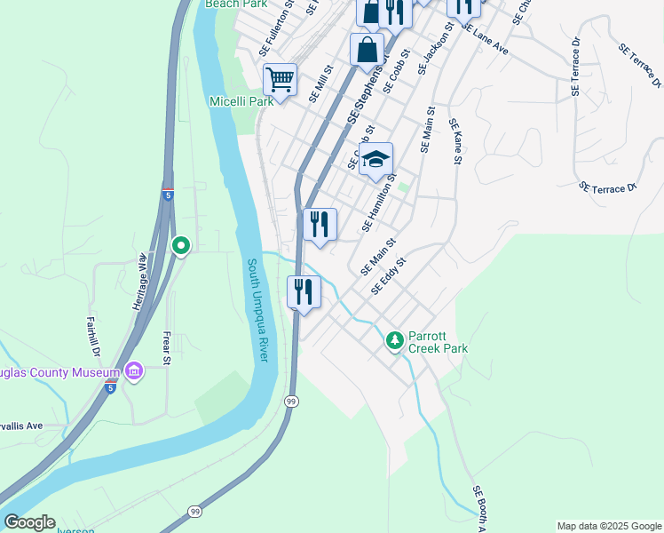 map of restaurants, bars, coffee shops, grocery stores, and more near 1742 Southeast Hamilton Street in Roseburg