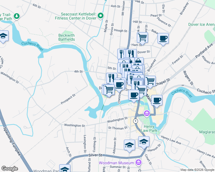 map of restaurants, bars, coffee shops, grocery stores, and more near 4 Grove Street in Dover