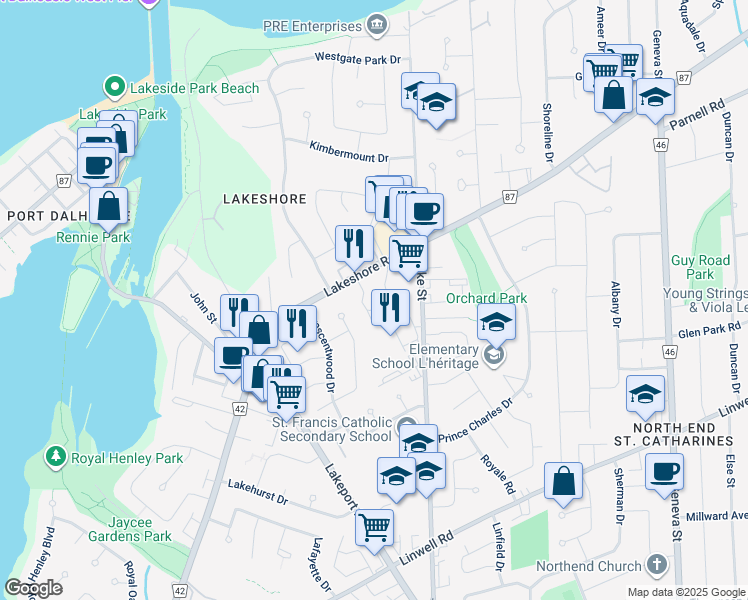 map of restaurants, bars, coffee shops, grocery stores, and more near 50 Lakeshore Road in St. Catharines