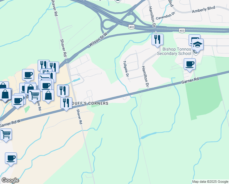 map of restaurants, bars, coffee shops, grocery stores, and more near 515 Garner Road West in Hamilton