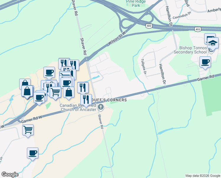 map of restaurants, bars, coffee shops, grocery stores, and more near Markle Crescent in Hamilton