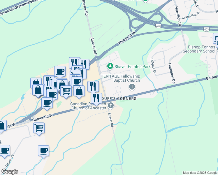 map of restaurants, bars, coffee shops, grocery stores, and more near 501 Shaver Road in Hamilton