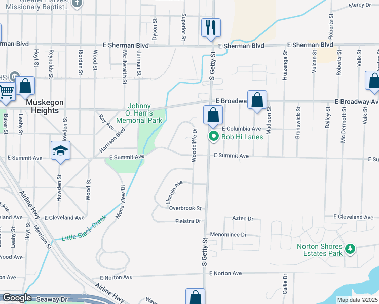 map of restaurants, bars, coffee shops, grocery stores, and more near 2974 Woodcliffe Drive in Muskegon Heights