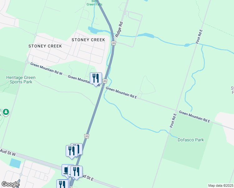 map of restaurants, bars, coffee shops, grocery stores, and more near 22 Green Mountain Road East in Hamilton