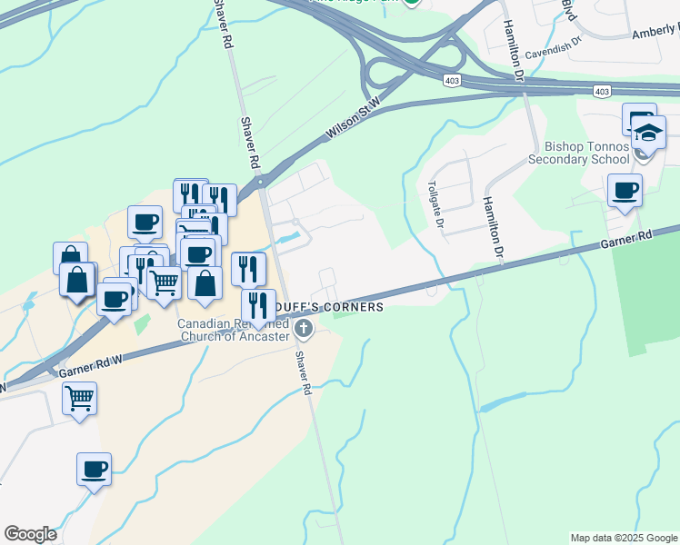 map of restaurants, bars, coffee shops, grocery stores, and more near 16 Markle Crescent in Hamilton
