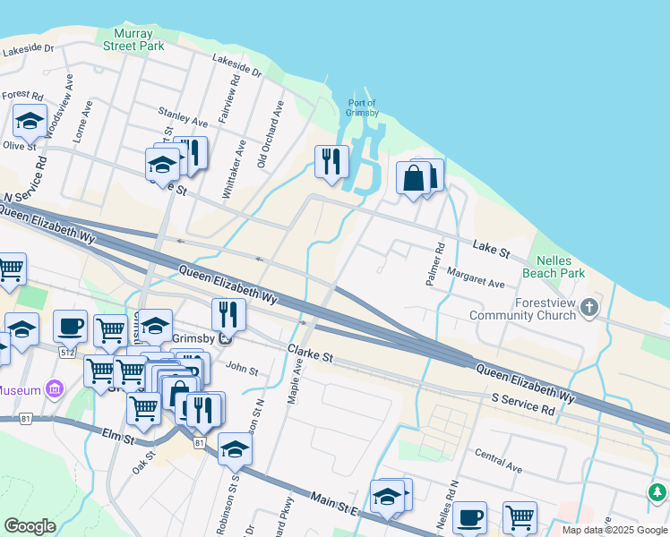 map of restaurants, bars, coffee shops, grocery stores, and more near 389 Maple Avenue in Grimsby