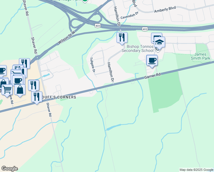 map of restaurants, bars, coffee shops, grocery stores, and more near Garner Road West in Hamilton
