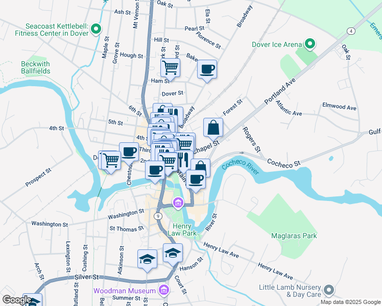 map of restaurants, bars, coffee shops, grocery stores, and more near Chapel Street in Dover