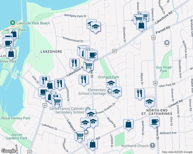 map of restaurants, bars, coffee shops, grocery stores, and more near 608 Lake Street in St. Catharines