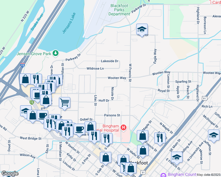map of restaurants, bars, coffee shops, grocery stores, and more near 500-724 Pearl Drive in Blackfoot