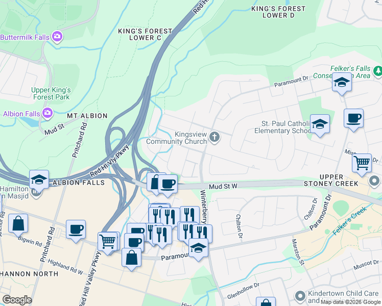 map of restaurants, bars, coffee shops, grocery stores, and more near 254 Upper Mount Albion Road in Hamilton