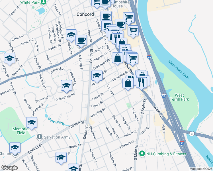 map of restaurants, bars, coffee shops, grocery stores, and more near 27 Thorndike Street in Concord