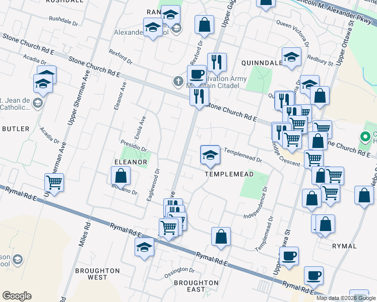 map of restaurants, bars, coffee shops, grocery stores, and more near 1475 Upper Gage Avenue in Hamilton