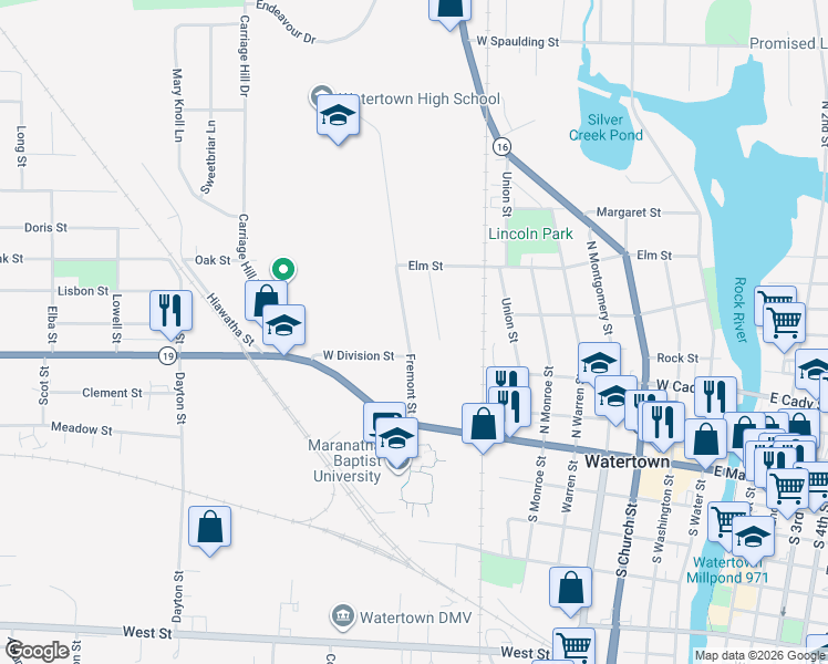 map of restaurants, bars, coffee shops, grocery stores, and more near 207 Fremont Street in Watertown