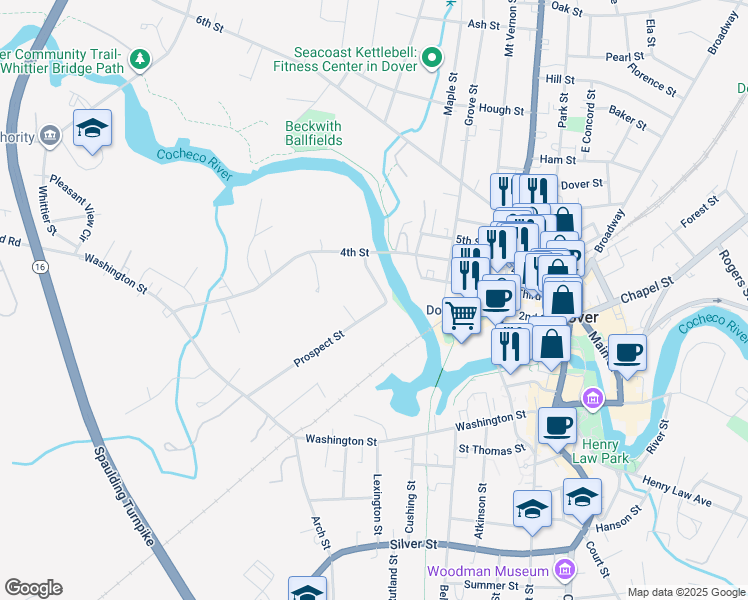 map of restaurants, bars, coffee shops, grocery stores, and more near 17 Snows Court in Dover