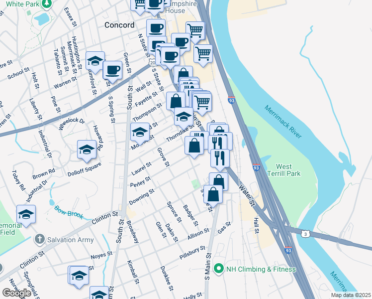 map of restaurants, bars, coffee shops, grocery stores, and more near 12 Perley Street in Concord