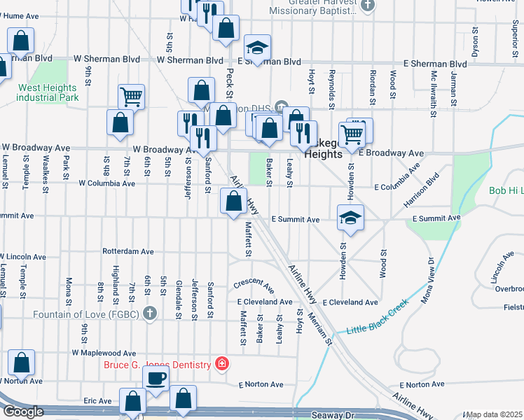 map of restaurants, bars, coffee shops, grocery stores, and more near 2929 Baker Street in Muskegon Heights