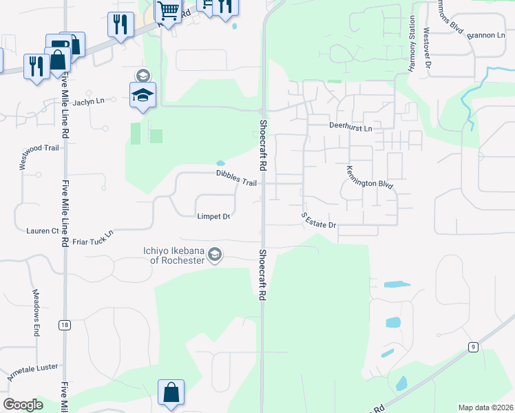 map of restaurants, bars, coffee shops, grocery stores, and more near 1137 Shoecraft Road in Webster