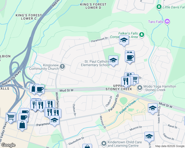 map of restaurants, bars, coffee shops, grocery stores, and more near 225 Athenia Drive in Hamilton