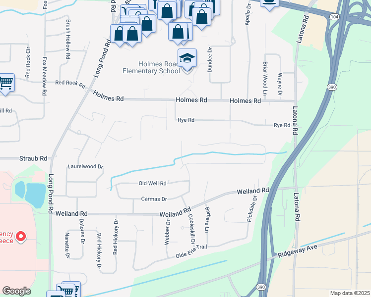 map of restaurants, bars, coffee shops, grocery stores, and more near 36 Chateau Ln in Rochester