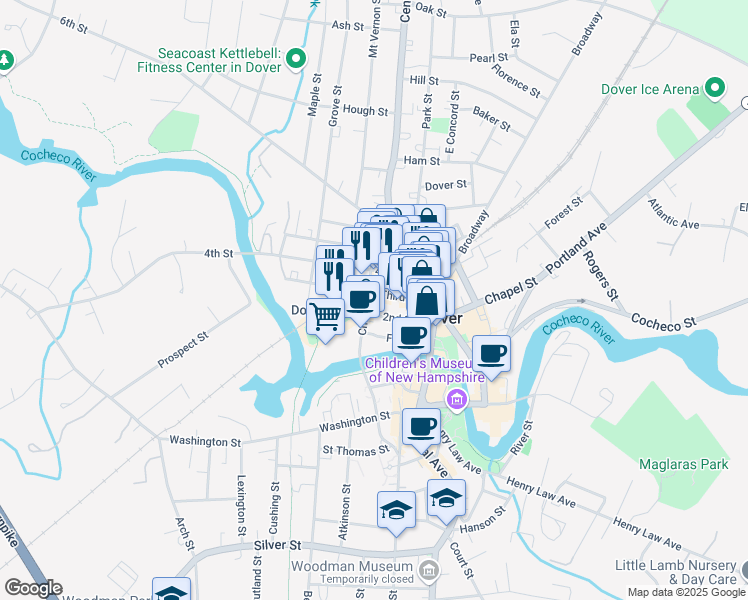 map of restaurants, bars, coffee shops, grocery stores, and more near 60 Third Street in Dover