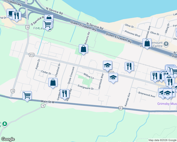 map of restaurants, bars, coffee shops, grocery stores, and more near 163 Livingston Avenue in Grimsby