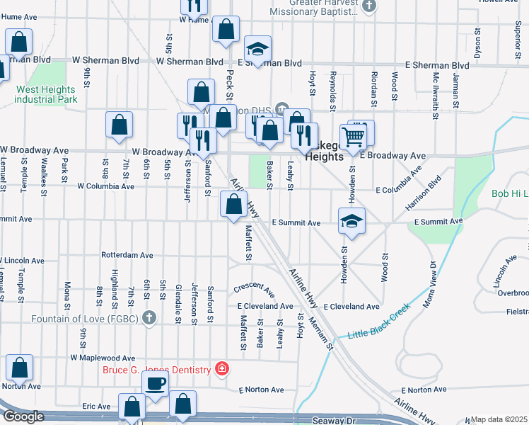 map of restaurants, bars, coffee shops, grocery stores, and more near 2929 Baker Street in Muskegon Heights