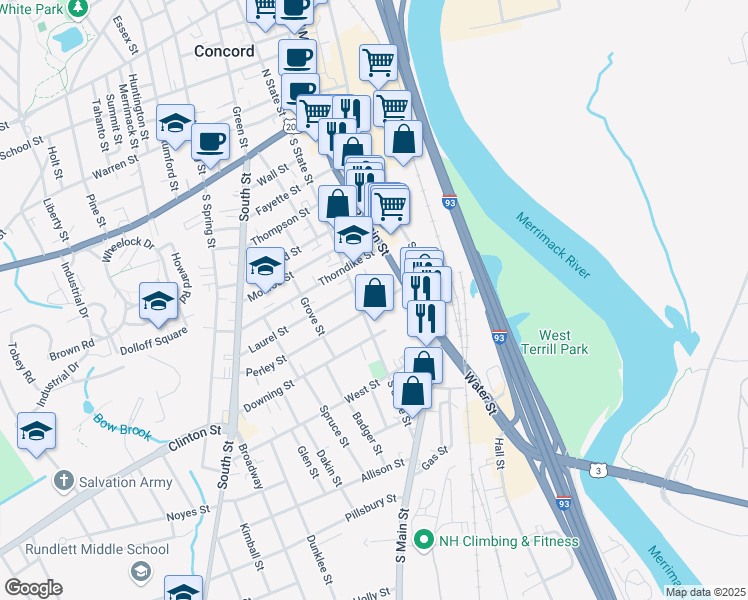 map of restaurants, bars, coffee shops, grocery stores, and more near 12 Perley Street in Concord