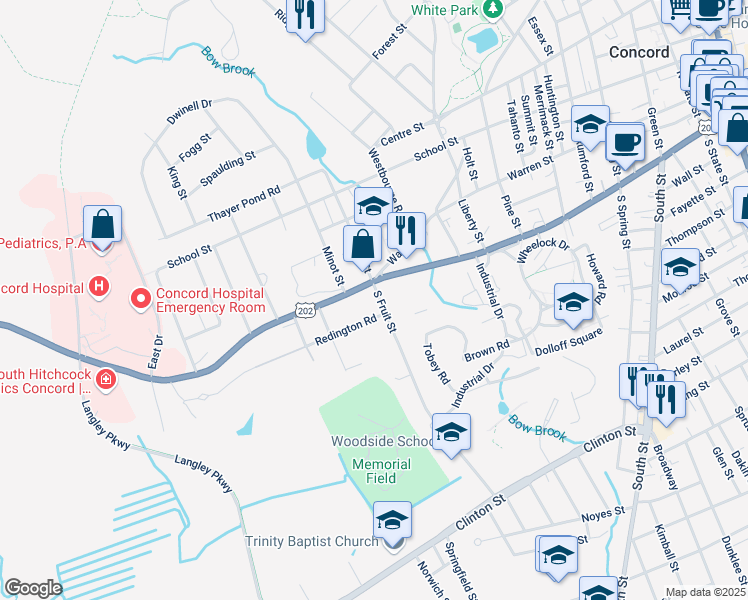 map of restaurants, bars, coffee shops, grocery stores, and more near 10 South Fruit Street in Concord