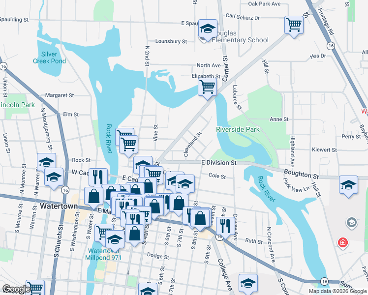 map of restaurants, bars, coffee shops, grocery stores, and more near 702 Cleveland Street in Watertown