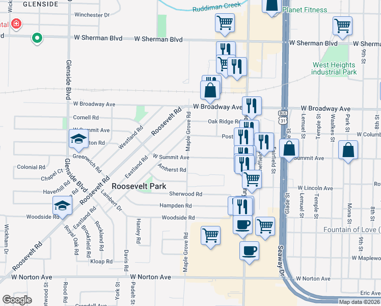 map of restaurants, bars, coffee shops, grocery stores, and more near 2978 Maple Grove Road in Muskegon