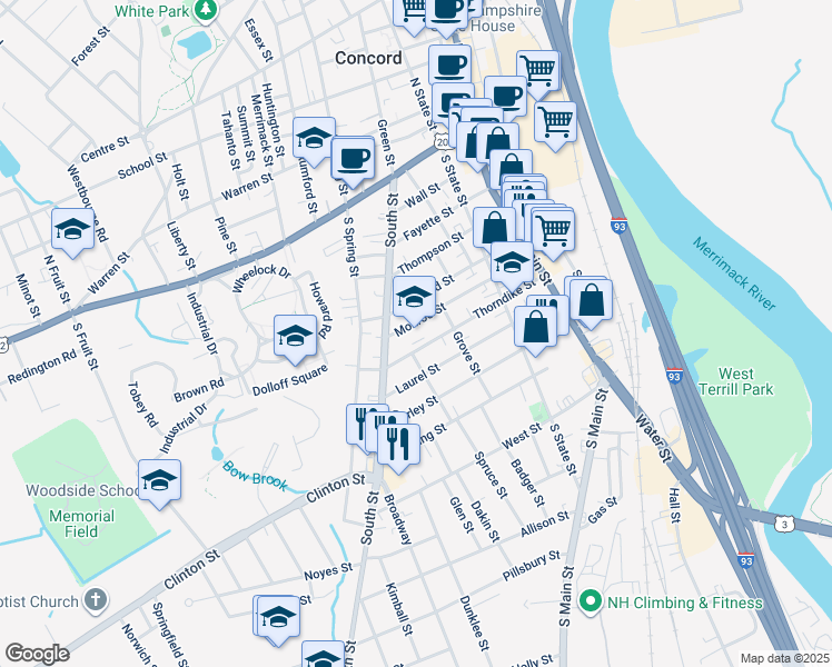 map of restaurants, bars, coffee shops, grocery stores, and more near 40 Thorndike Street in Concord