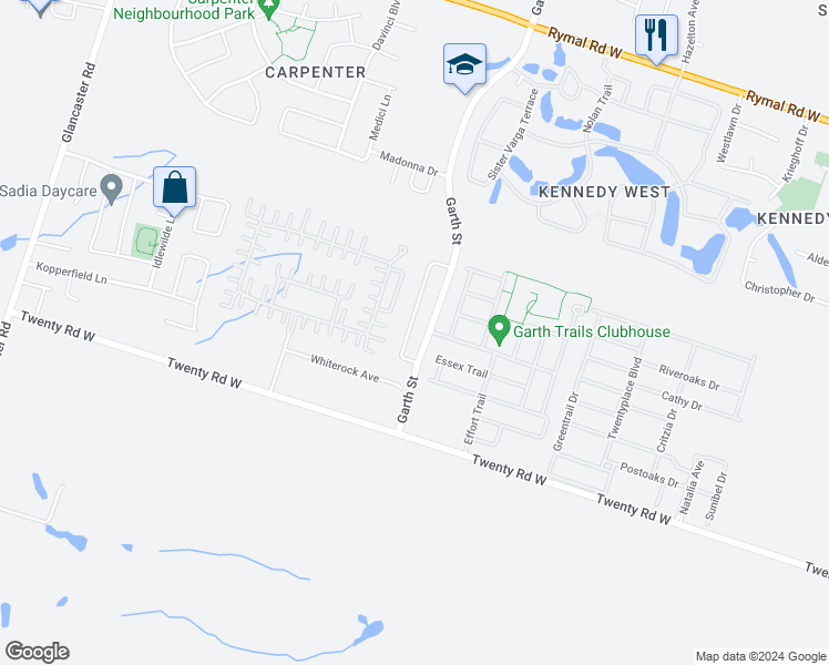 map of restaurants, bars, coffee shops, grocery stores, and more near 48 Garth Trails Crescent in Hamilton