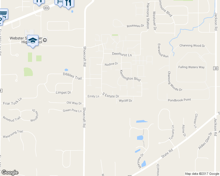 map of restaurants, bars, coffee shops, grocery stores, and more near 14 Huntsman Way in Webster